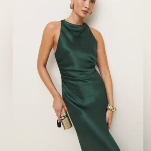 NEW Reformation Anaiis Long Silk Dress Forest Dark Green | US 4 UK 8 - Picture 11 of 14